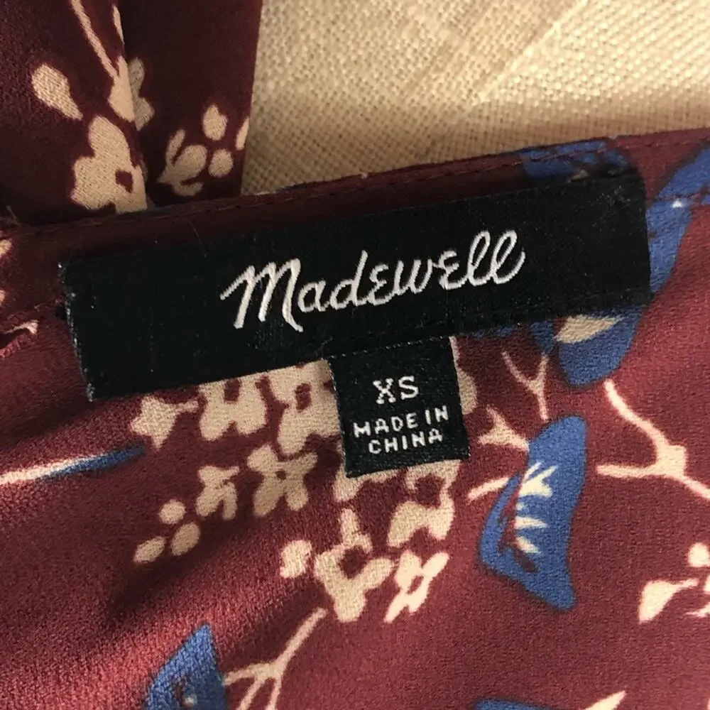 MADEWELL Bell-Sleeve Tie Top in‎ Antique Flora XS Purple Blue Floral Boho Light